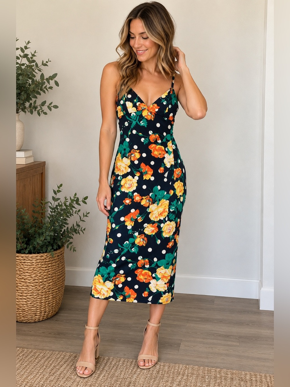 Leith Women’s Size Small Floral Polka Dot Midi Dress - EUC